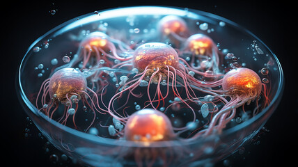 Obraz premium neurons under strong magnification, neural network live impulses transmitted through nerves, abstract fictional background computer graphics, structure of a living brain cell