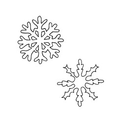 Set of hand drawn snowflakes. Outline drawing. Vector illustration. Design element. For coloring book, cards, printing, packaging, invitations, business cards, advertising