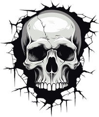 Obraz premium Mysterious Gaze The Enigmatic Skull in a Cracked Wall Eerie Resurgence A Hidden Skull Unveiled in Vector Art
