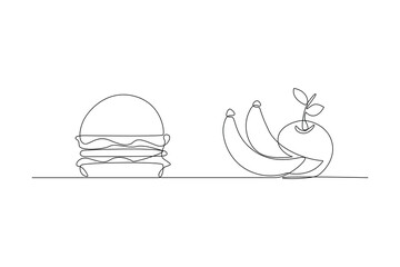 Continuous one line drawing Healthy vs unhealthy food. food nutrition concept. Doodle vector illustration.