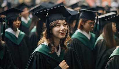 Portrait of young female graduate student,portrait of big company of youth young students graduating from collage university together friends.