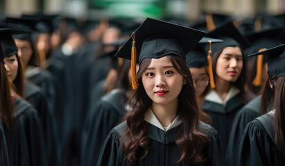 Portrait of young female graduate student,portrait of big company of youth young students graduating from collage university together friends.