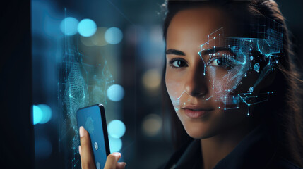 Businesswoman using smartphone,a woman using a facial recognition app to secure the phone - obrazy, fototapety, plakaty