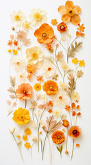beautiful assorted pressed orange and yellow flowers, on a plain white background