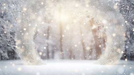 winter background, abstract park decorated alley outside, blurred layout blank copy space, park covered with snow, entrance to the forest, arch