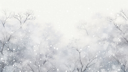 white watercolor snowfall in the forest, winter abstract background illustration with copy space, greeting card form