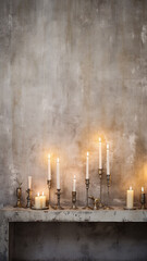 vertical christmas decorations burning candles  high form, abstract background copy space, empty blank wall background, on concrete wall