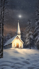 christmas greeting card vertical high panorama, church in the forest decorated with glowing garlands in winter, abstract background copy space