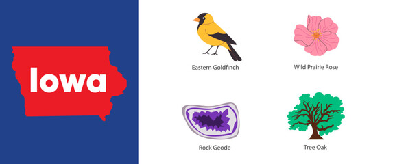 Iowa states with symbol icon of eastern goldfinch geode rose and oak illustration - obrazy, fototapety, plakaty