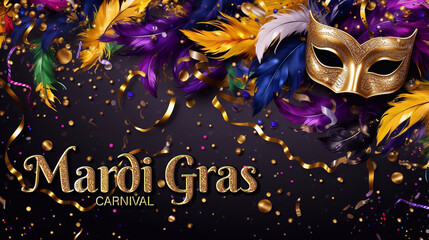 Happy Mardi Gras Carnival Poster Design with Venetian masks in gold, purple and green colors