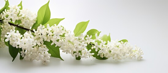 Blooming section of a lilac plant with white blossoms