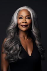 attractive middle aged african american woman with long white hair. beauty, hair care concept. attraction and force. dark background