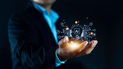 Businessman use software technology AI for business, smart robot automation system, chat bot...