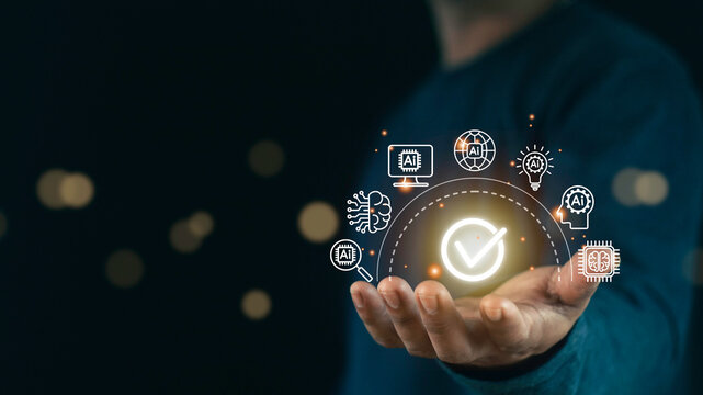 Businessman use software technology AI for business, smart robot automation system, chat bot intelligence assistance data analysis, AI chat and command prompt for generate something. AI secretary.