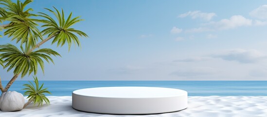 Obraz premium A round shaped white podium is set upon the sandy ground adorned with a large branch from a tree and some lush green tropical foliage The beautiful blue sky serves as the backdrop