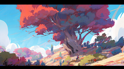 Colorful fantasy rainbow landscapes with Mountains and giant tree
