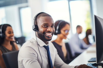 Call centre specialist, help desk service operator talking with client - obrazy, fototapety, plakaty