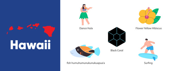 Hawaii states with symbol icon of hula dance fish black coral gems yellow hibiscus and surfing illustration