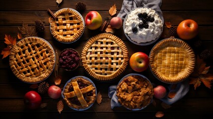 Assorted fall pies flat lay on brown wood plank table, Thanksgiving seasonal baking photography ::10 , 8k, 8k render 