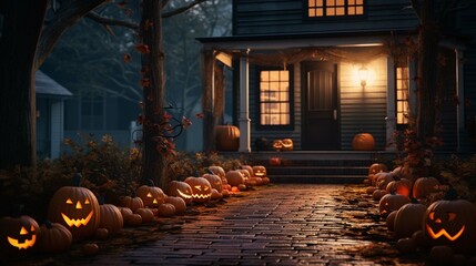 Lit Halloween pumpkins on front porch, exterior home decorations, seasonal decor photography ::10 , 8k, 8k render