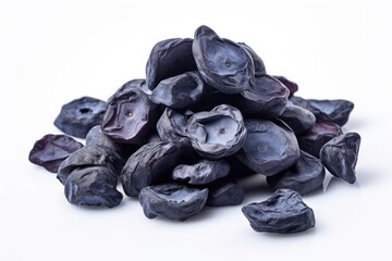 A pile of dried blueberries on a white surface.