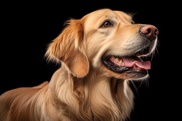 A close up of a dog on a black background. Happy Golden Retriever.