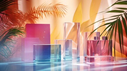 Product mockup background. Abstract shapes of colored transparent glass shapes for product display mockup with palm leaves. Bright color mock up podium background for perfume or cosmetic products phot