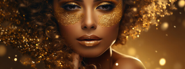 Banner of Young woman with golden stylish glitter makeup on golden sparkling background. - obrazy, fototapety, plakaty