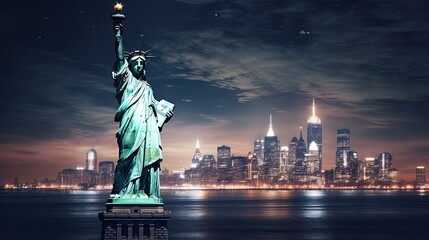 Skyline of New York city at night, generative AI .