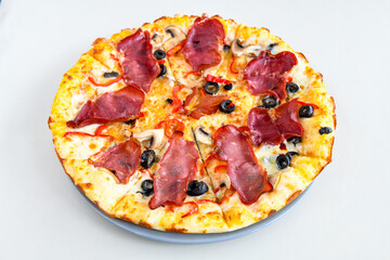 Delicious mixed pizza with rich content. Menu concept of choice and diversity. Pepperoni, Formaggi, Veggie, Karisik pizza