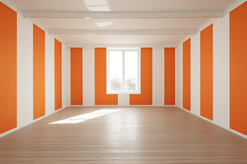 Empty room interior with colorful orange striped pattern for presentation display, 