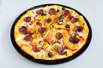 Delicious mixed pizza with rich content. Menu concept of choice and diversity. Pepperoni, Formaggi, Veggie, Karisik pizza