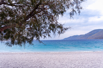 Porto Germeno beach in Greece near Athens, turquoise sea landscape, vacation off the beaten path