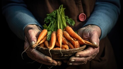 A person holding a basket full of carrots. Old hands of a worker. Lod key, dark background. - obrazy, fototapety, plakaty