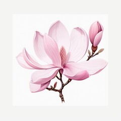 A pink flower on a branch against a white background. Magnolia flowers.