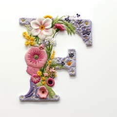 Fototapeta na wymiar The letter f is decorated with flowers and leaves. Embroidery effect, floral design.