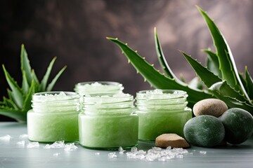 Natural face masks with aloe and sea salt for skincare with fresh green plants and empty area for text