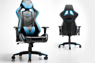 A black and blue Gaming desktop chair seen from the front and the side, presented separately on a white background.