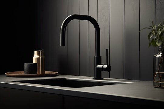 A black gooseneck tap is the focal point in a monochrome kitchen.