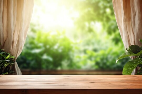 A blank wooden table top is seen against a blurred curtain backdrop, with a picturesque green view of a garden through the window.