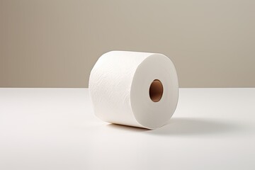 The toilet paper roll is placed on a white surface. - obrazy, fototapety, plakaty