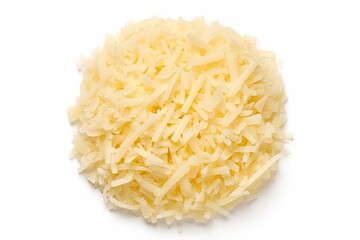 Top view of grated cheese on white background