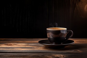 Coffee cup and saucer on a table Dark backdrop