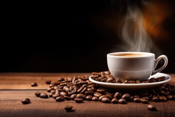 Coffee bean background with cup of espresso on right side in wide banner with space