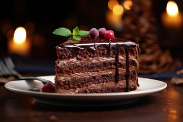 Delicious chocolate cake On a plate Sweet dessert Bright background Close up