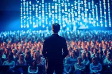 Fotobehang たくさんの聴衆を前にプレゼンテーションをする男性ビジネスパーソン「AI生成画像」  © kai