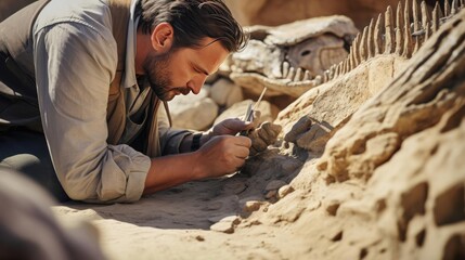 Archaeologist excavates dinosaur remains - obrazy, fototapety, plakaty
