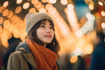 キラキラ輝くクリスマスイルミネーションの街路樹を歩く若い日本人女性「AI生成画像」 - obrazy, fototapety, plakaty