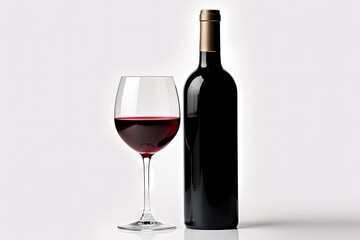 Red wine bottle and glass on a white surface
