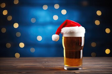 Santa s red hat holds a glass of Christmas ale on a blue wooden backdrop